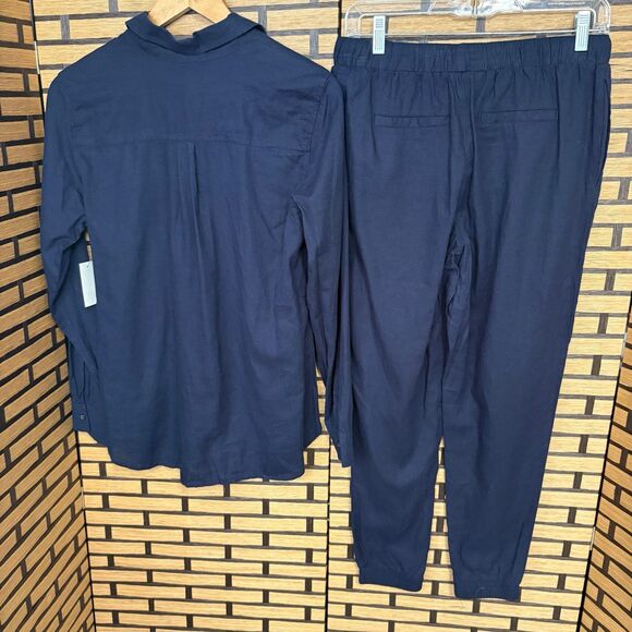 Needle & Cloth‎ Navy Linen Blend Button Down Shirt And Jogger Set Size XS - Picture 2 of 8
